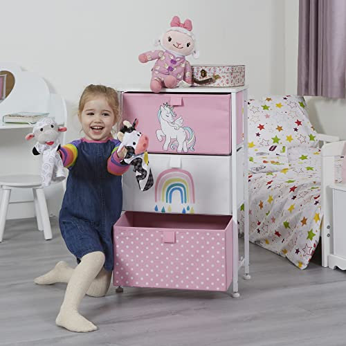 Liberty House Toys Kids Unicorn Chest of Drawers - Furniture Storage Chest for Kid’s, Bedroom, Nursery, Playroom, Clothes, Toy Storage - Steel Frame, Wood Top, 3 Fabric Bins