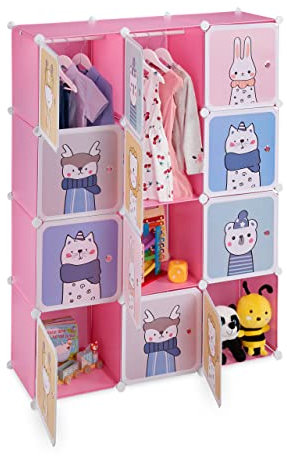 Relaxdays Scaffale Componibile da Cameretta, 2 Aste Appendiabiti, Disegni Animali, HLP: 145x110x37 cm, Incastro, Rosa, 1 pz