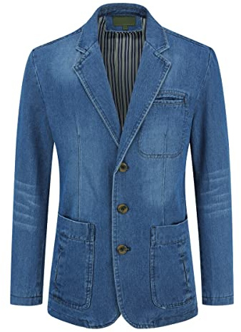 YOUTHUP Herren Slim Fit Denim Sakko Casual Business Freizeit 3 Knöpfe Anzugsjacke mehrere Taschen Blazer, Blau, L