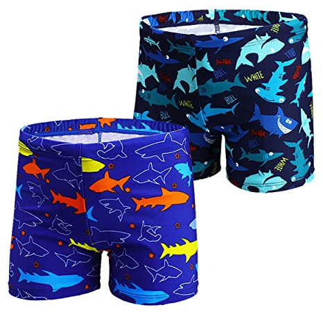 NautySaurs 2er-Pack Jungen Badehose 1–10 Jahre Kinder Bademode Dinosaurier Hai Shorts, Hai-Königsblau und Marineblau, 4-6 Jahre