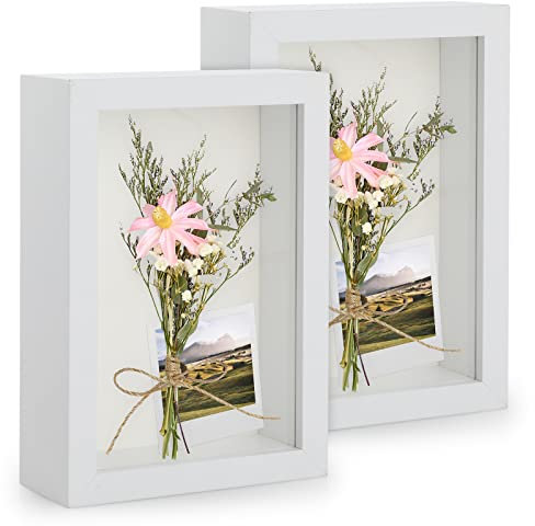 Anhow 2er 3D Bilderrahmen zum Befüllen, 3D Bilderrahmen Tiefer Objektrahmen 10 x 15 cm mit Transparente Echtglas für Tischplatte und Wand - Weiß/ 3cm
