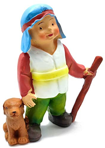 Tradineur - Figura de Pastor con Perro para Belén - Estilo naïf - Marmolina - Adorno Divertido para Nacimiento, Navidad, decoración Tradicional, 10 x 7,5 x 4 cm