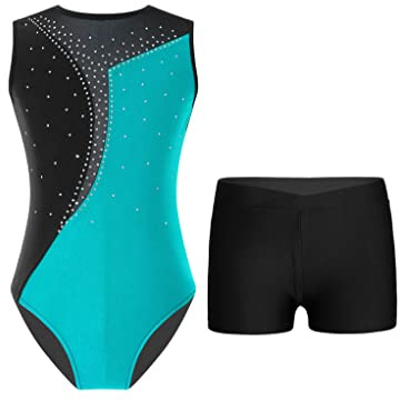 Mufeng Completo da Ginnastica Bambina Ragazza Body Danza Classica Stampato Patchwork Leotards da Balletto + Pantaloncini Tuta da Pattinaggio Artistico Blu Verde 9-10 anni