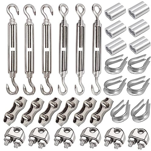 Leaum 30 Stück Spannschloss M5 Drahtspanner Set, mit Edelstahl Spannschloss M5, Drahtseilklemme 3mm Edelstahl, Drahtseil Kauschen 3mm und Pressklemme 3mm Aluminium für Gespannte Seil zu Verschärfen