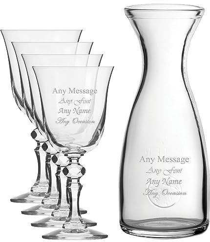 Personalised Engraved Set of 4 Crystal Jasmine Wine Glass and 1 Litre Carafe Set, Customise with Any Message for Any Occasion, Stylize from a Variety of Fonts, Gift Boxes Included, Laser Engraved
