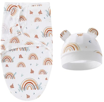 Mecmbj Pucksack, pucktuch Baby 0-3 Monate, Weiche schlafende babyschlafsack Neugeborene, niedlicher Cartoon Pucksack Baby mit Mützen-Set, Baumwoll Swaddle Blanket für Neugeborene, Unisex (weiß)
