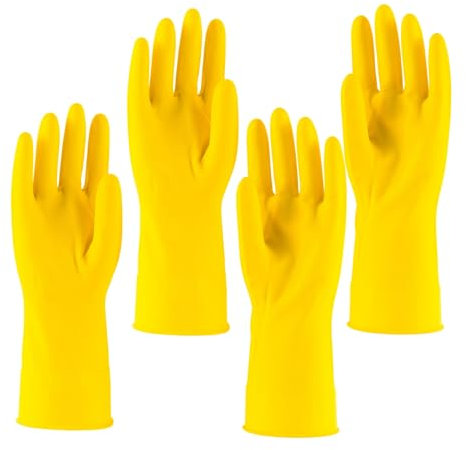 HOMESHOPA Household Rubber Gloves, 2 Pairs X-Large Yellow Non Slip Kitchen Dishwashing Cleaning Gloves with Cotton Lining, Flexible Long Sleeves Reusable Waterproof Gloves