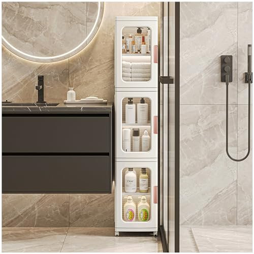 SINBINTA Badezimmer-Aufbewahrungsschrank, freistehend, schmal, Badezimmer-Aufbewahrungseinheit, schmal, hoch, Kunststoff-Vitrine mit Rädern, für Wohnzimmer, Küche, Flur (3 Ebenen)