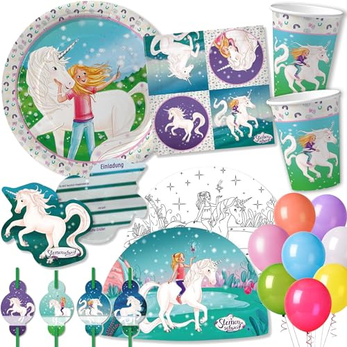 104-tlg Party-Set * STERNENSCHWEIF * für Kindergeburtstag mit Teller + Becher + Servietten + Trinkhalme+ Einladungen + Platzsets + Luftschlangen + Ballons | Mädchen Pferde Einhorn Kinder Geburtstag