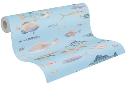 A.S. Création Vliestapete mit Tiermotiv Fischmuster 10,05m x 0,53 m - Türkis, Bunt, Rosa - Tapete mit Fischen Mustertapete Made in Germany 396962