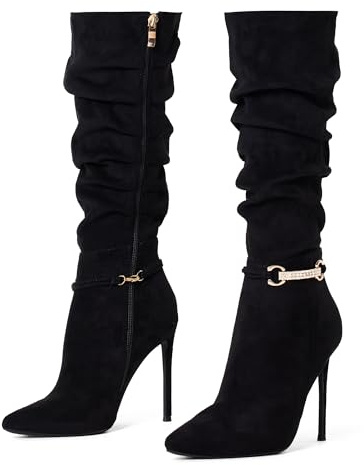 Zhabtuc Stivali al Ginocchio da Donna Stivali Alti al Ginocchio in Finta Pelle Scamosciata 10 cm con Tacco a Spillo e Punta a Punta con Zip Laterale Scarpe Eleganti, camoscio nero, 38.5 EU