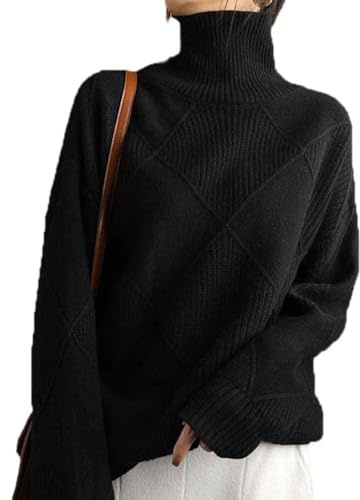 GUOGAOzz Suéter de Cuello Alto de Cachemira para Mujer, suéter Holgado y cálido de Mezcla de Cachemira para Mujer, Camisetas de Manga Larga con Cuello Alto (L,Black)