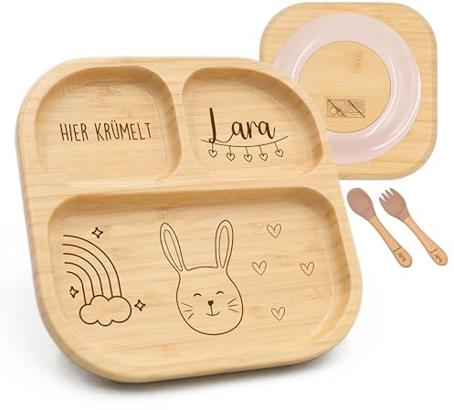 Kidsmood - Kinderteller mit Saugnapf inkl. Baby Besteck mit Namen – Teller für Kleinkinder, rutschfest – Beikost Baby Zubehör, personalisierte Geschenke zur Geburt, Taufgeschenke Jungen & Mädchen