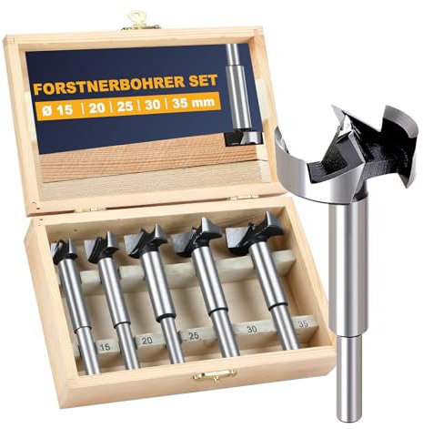 Forstnerbohrer Set, 5tlg Großes Wolframstahl Forstnerbohrer, Forstner Bohrer mit Zentrierspitz, Holzbohrer Set mit Aufbewahrungskoffer, für Holz & Hartholz, inkl. Ø 15/20/25/30/35 mm, Länge 88 mm