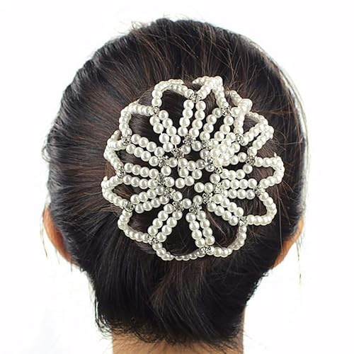 Garneck Ballett-Haarnetz mit Perlen und Strass, Elastisches Gehäkeltes | Duttnetz für Damen und Mädchen, Eleganter Haarschmuck für Tanz, Gymnastik und Aufführungen, Weiß