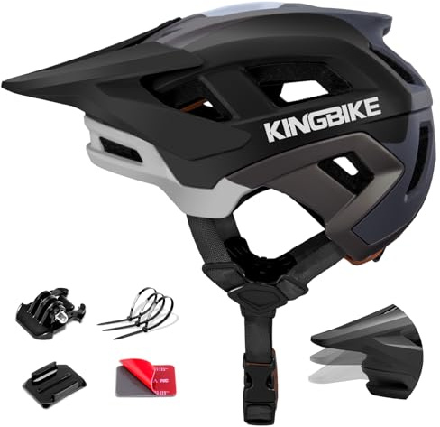 KINGBIKE Mountainbike-Helm für Erwachsene Herren Professioneller MTB-Helm Damen mit Action-Kamera-Halterung & 3-Stufen-Visier, NTA-8776 E-Bike-Zertifiziert (Schwarz grau, L)
