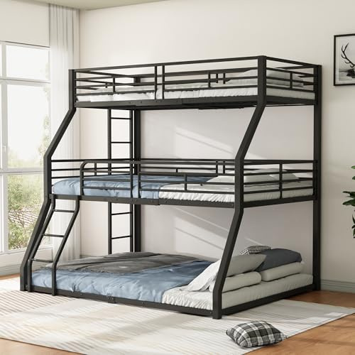 Jaxenor Lit superposé triple 90 x 200 cm, 120 x 200 cm, 140 x 200 cm, en métal, pour adultes, avec échelle, triple superposé, pour enfants, adolescents et adultes, sans matelas, noir