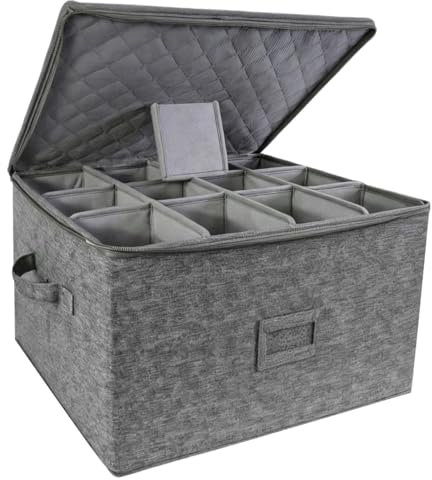 Boîte de rangement pliable pour verres à vin et champagne, organiseur en lin avec 12 séparateurs, poignées et fenêtre pour étiquettes, 45 x 38 x 24 cm