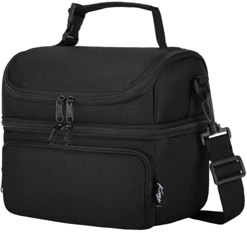 Kasgo Lunchtasche Damen, 7,5L Klein Kühltasche Jungen Mädchen Zwei Fächern Isoliert Lunch Tasche mit Abnehmbarem Schultergurt und Griff für Schule Picknick Reise Party Schwarz