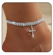 BelleVive Anklet with Cross, Heart and Butterfly – Silver Waterproof Diamond Rhinestone for Women, Large Oversized for Large Ankles, Summer Anklet, Foot Jewellery for Women