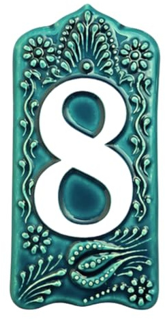 Ceramic House Number Tile – Custom Outdoor Address Sign – Turkish Iznik Art – Weatherproof Door Decor – 0 to 9 Digits (Green, 8)
