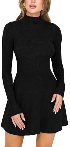 YMDUCH Women's Casual Fall Pullover Sweater Dress Mock Neck Long Sleeve Knit Ribbed Mini Dress Black
