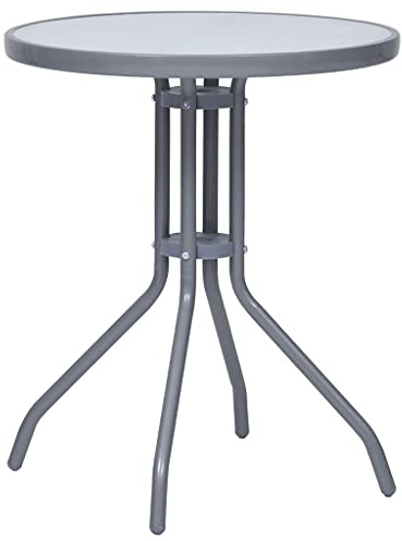 HaoChrymec Gartentisch mit Stahlgestell und Glasplatte, Hellgrau, Ideal als Beistelltisch Outdoor, Loungetisch für Garten und Balkon, 60 cm Durchmesser