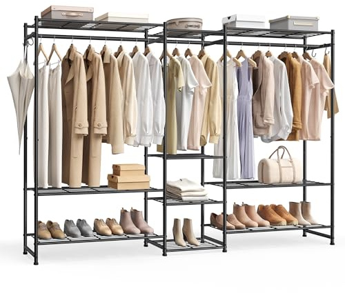 SONGMICS Kleiderständer, offener Kleiderschrank, Garderobenständer mit 10 Ablagen, 3 Kleiderstangen, 4 S-Haken, Metallrahmenm, für Schlafzimmer, Wohnzimmer, Eingangsbereich,schwarz LGR011BZ01