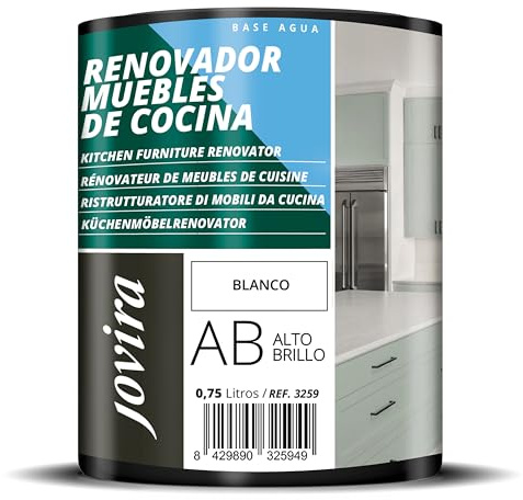 JOVIRA PINTURAS Pintura renovadora para Muebles de Cocina, acabado Alto Brillo al agua. Especial para renovar muebles de cocina, puertas, baños, etc. (750 ml, Blanco) T