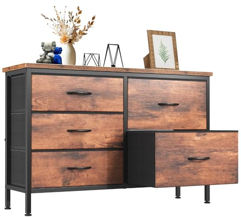 DUMOS TV Stand for Bedroom with 5 Storage Drawers, Fabric Chest of Drawers with Metal Frame, Living Room Storage Organizers Units for Books, TV Stand and Hallway, Rust