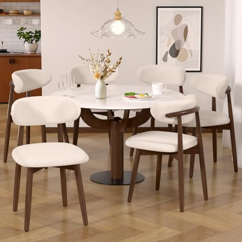 ＴＡＫＵＭＩ∞Ｘ Stühle Esszimmer 6er Set Esszimmerstühle Modern Esszimmerstuhl Holz Walnuss Küchenstuhl Leinen Stoff Gepolstert Dining Chair Armlehnstuhl Beige Gebogener Rückenlehne für Zuhause, Rest (6)