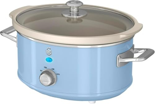 Swan Retro Slow Cooker with 3 Temperature Settings, Removable Dishwasher Safe Ceramic Pot and Glass Lid, 3.5L, Blue, SF17021BLN