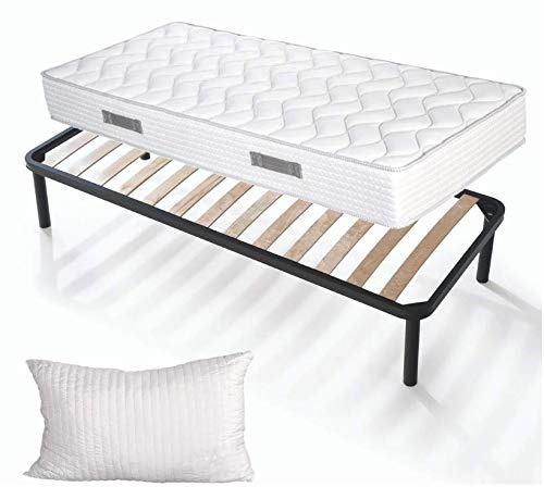 EVERGREENWEB Set med ribbotten och madrass 80 x 200 cm, höjd 20 cm + kudde av minnesskum, fri ortopedisk madrass med massageeffekt och ribbotten av naturträ