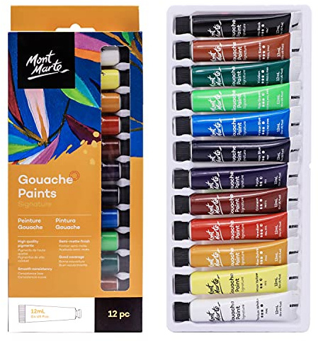 MONT MARTE Signature Gouache Paint, 12 x 12ml (0.4oz), Semi-Matte Finish, 12 Colours, Suitable for use with Canvas, Watercolour Paper, Watercolour Paints and Mixed Media