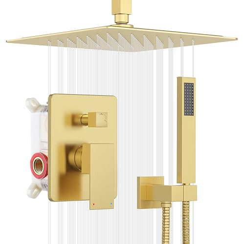ESNBIA Gold Shower Head System, All Metal 12 Inches Ceiling Shower Faucet Set with Valve, Rain Shower Head with Handheld Spray Combo, Brushed Gold