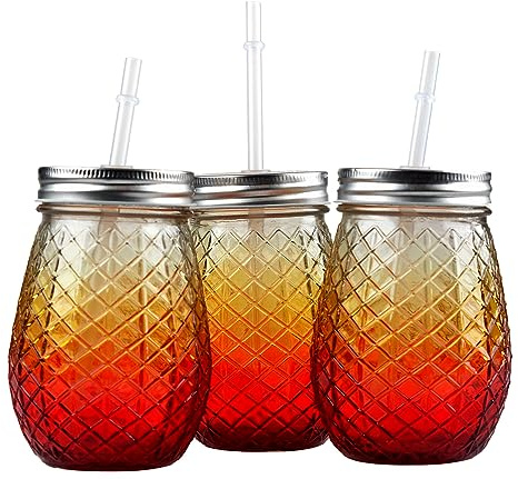 BWG Set Of 3 Glass Pineapple Drinking Mason Jars With Lid & Reusable Straw