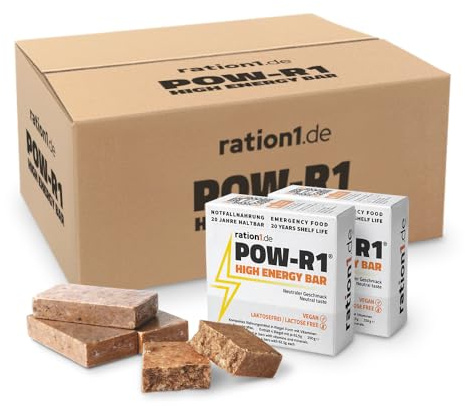 ration1 High Energy Bar, POW-R1 Energieriegel 48 x 250 g, 20 Jahre haltbar | 4 einzeln verpackte Riegel je Packung, Notfallnahrung und Langzeitnahrung, Trekking Essen, Energie für Outdoor & Wandern