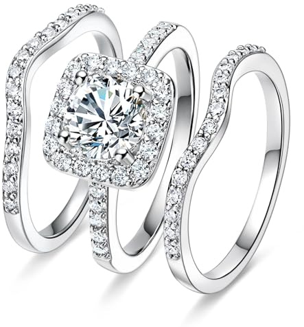 MDFUN 18K White Gold Plated Cubic Zirconia Three-in-One Halo Wedding Engagement Promise Eternity Ring for Women (6.5)