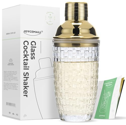 JOYCEMALL Glass Cocktail Shaker Kit, 385ML Martini Mocktail Making Set with Leakproof Metallic Steel Lid & Strainer & Gift Box for Home Use
