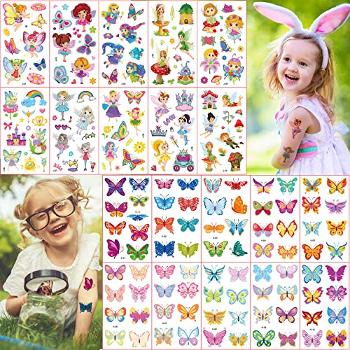 Tattoo Kinder, 20 Blätter Schmetterling und Blumenfee Thema Wasserdichte Kindertattoos, Temporäre Tattoos Aufkleber Kindergeburtstag Geschenktüten Mitgebsel Party Spielspass Spielen Festival