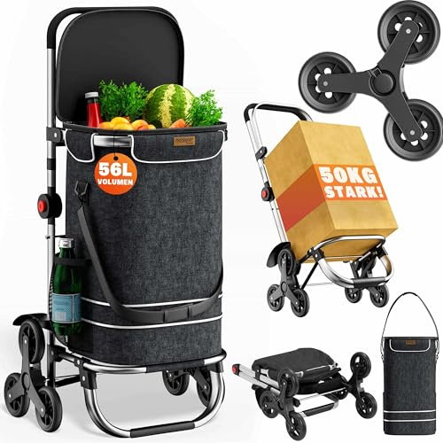 MONZANA® 3in1 Einkaufstrolley 56L bis 50 kg klappbar abnehmbare Tasche 6 Rollen Tragegurt Treppensteiger Einkaufswagen Einkaufshilfe Trolley Schwarz Meliert