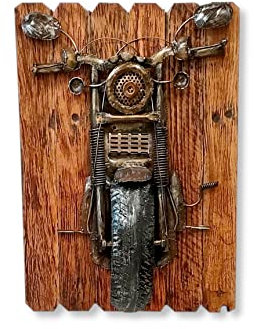 Metall Wandbild Motorrad auf braunen Holz-Planken 55 x 75cm Wand-Deko retro look vintage Skulptur