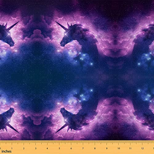 Einhorn Stoff Meterware Galaxie Wolken Polsterstoff Glitzerstern Dekorstoff Fantasy Tiere Pailletten Wasserdichter Draußen Stoff DIY Kunst Polster und Wohnakzente Lila Blau 92 x 150 (HxB)