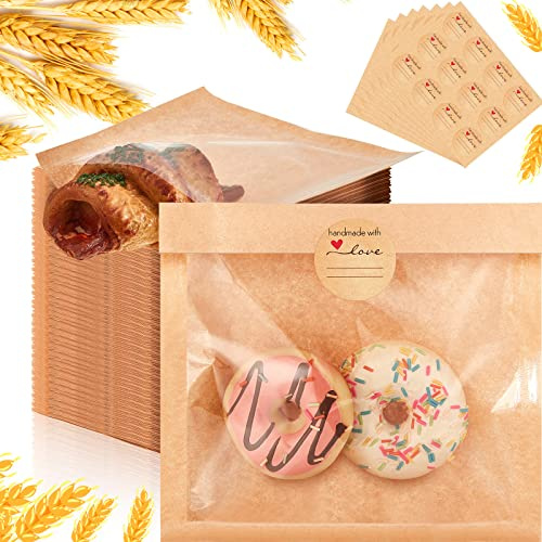 Outus 400 Pcs Cookie Packaging Bags with Seal, 7.1 x 7.5 Inch Bakery Pastry Bags with Window, Heat Sealable Grease Resistant Paper to Go Bake Sleeves for Gift Giving Donut Bread Sandwich (Brown)