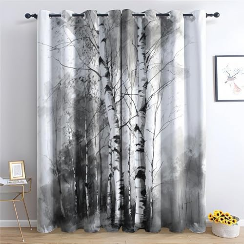 SZLYZM Vorhänge Birke, Verdunkelungsvorhang 2er Set - Vorhang Blickdicht Baum Muster, Thermovorhang für Deko Wohnzimmer Schlafzimmer Kinderzimmer, Gardinen mit Ösen 245x140 cm (H X B)