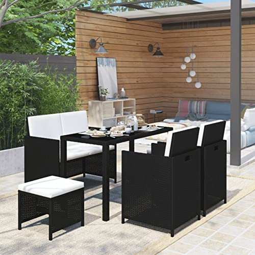 Camerina 6-TLG. Garten-Essgruppe mit Auflagen GartenmöBel Set Gartentisch Mit StüHlen Set Dining Lounge Garten MöBel Set Poly Rattan Schwarz
