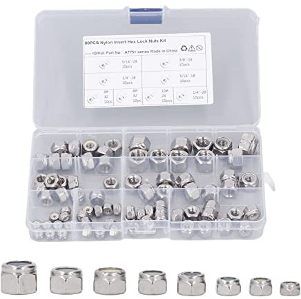 NDNCZDHC 80-teiliges Sicherungsmuttern-Sortiment-Set, Nylon-Einsatzmutter, Sechskant-Kontermuttern aus Edelstahl, 6-32, 8-32, 10-24, 1/4 Zoll-20, 1/4 Zoll-28, 5/16 Zoll-18, 5/16 Zoll-24, 3/8 Zoll-16