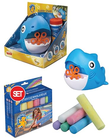 PUSTEFIX Mini Seifenblasenmaschine Hai & MALEFIX Straßenkreide 12er Packung I Seifenblasen Kinder Set I Bubble Spaß bei Kinderpartys & Geburtstagen
