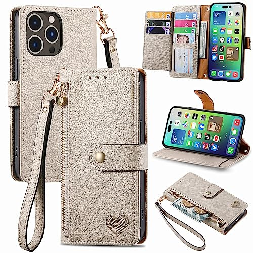 VEEMOS Zipper Wallet Case for Apple iPhone 14 Pro Max Phone Case with Purse Card Holders RFID Blocking Leather Flip Case Book Cover Wrist Strap Women - Gray