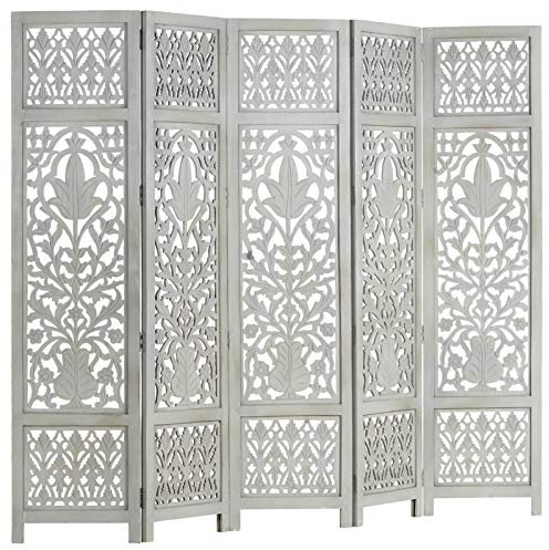 Homgoday Hand Carved 5-Panel Room Divider Grey 200x165 cm Solid Mango Wood, Folding Panel Screen, Movable Partition, Fabric Privacy Separator Wall Furniture Bedroom Office Bathroom Paravent